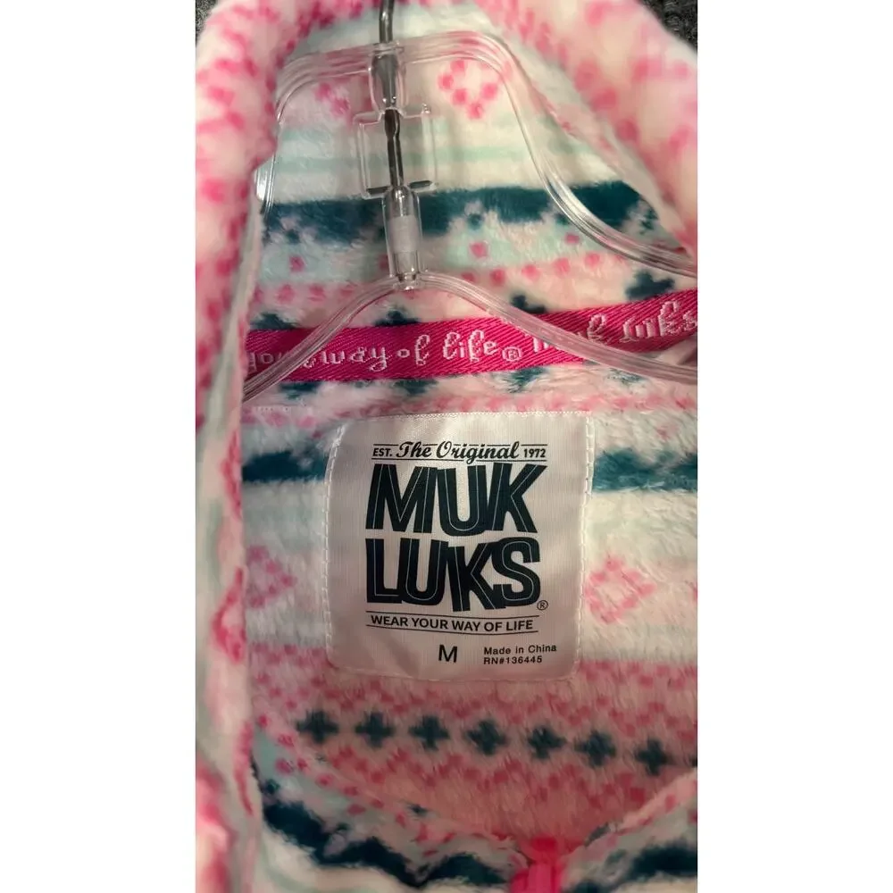 Muk Luks Lounge Set Womens Medium Fleece Pink Blue Jacket Pants Cozy 2 Piece